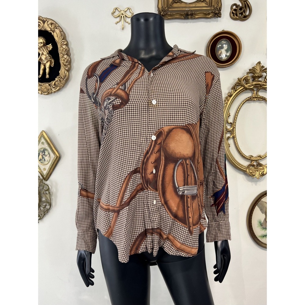 Ralph Lauren x Bergdorf Goodman Vintage Equestrian Print Silk Shirt Size 2